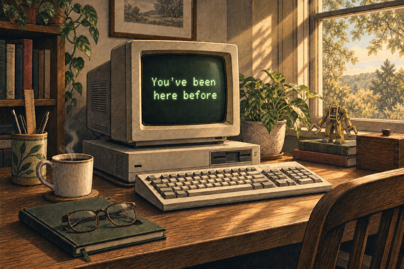 An illustrated vintage computer, notebook, coffee cup, and a small power-loader toy on a sunlit desk. The screen says You’ve been here before.